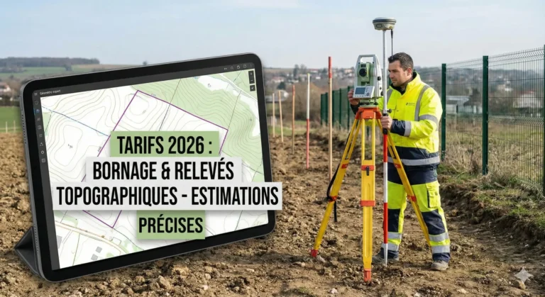 Géomètre expert en pleine opération de bornage de terrain avec outils modernes, tarif 2026