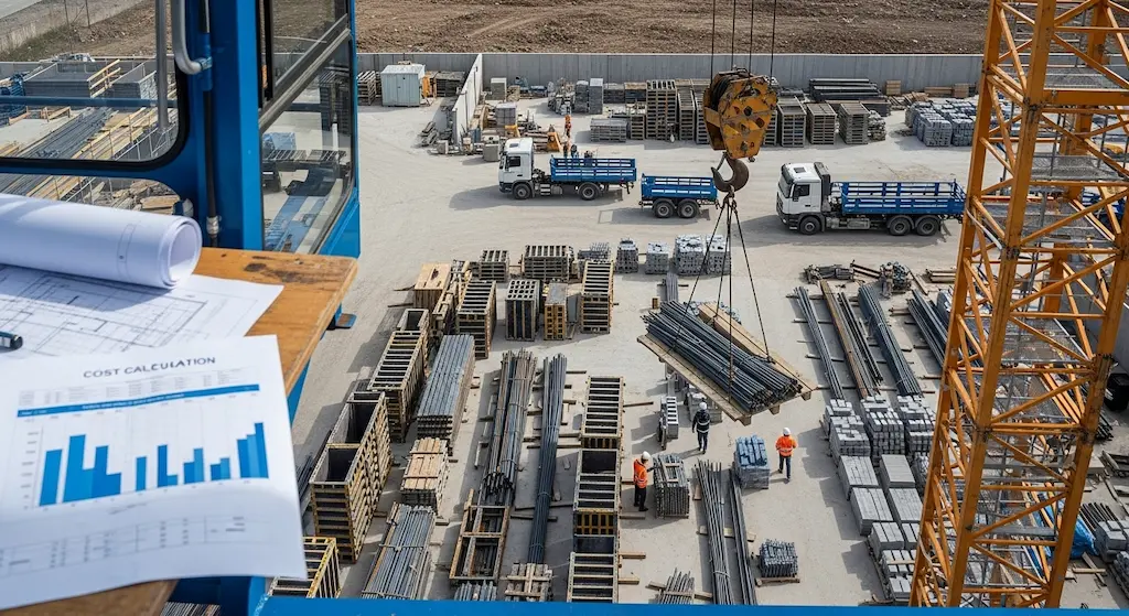 Vue grutier : crochet grue à tour livrant matériaux zones stockage chantier, optimisation logistique prix location grue tour BTP 2026.
