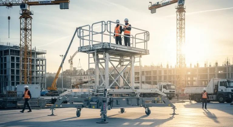 Tour échafaudage mobile aluminium 9.8m Tubesca-Comabi déployée sur chantier urbain moderne, ingénieurs inspectent garde-corps NF EN 1004 depuis plancher supérieur, stabilisateurs et roues sécurisés, éclairage doré soulignant reflets métalliques et flexibilité opérationnelle Loxam.