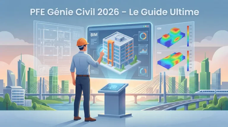 Étudiant en génie civil devant une maquette BIM 3D et des simulations numériques FEM, représentant un PFE Génie Civil 2026 orienté vers le BIM et la construction durable.