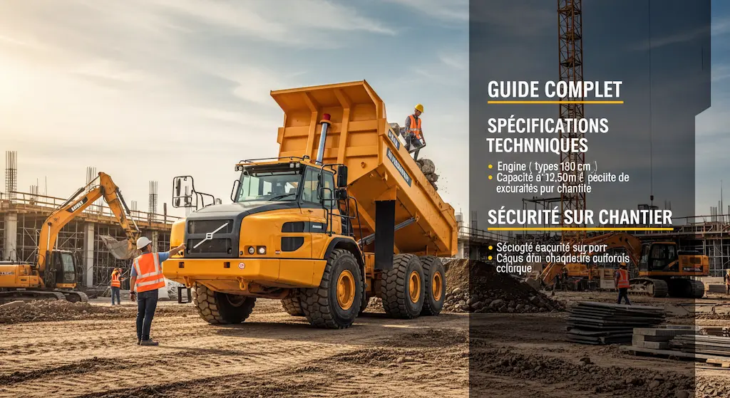 Conducteur casqué vérifiant sécurité camion benne 6x4 avant déchargement, zone balisée, radars recul et caméra 360° visibles, protocole VGP/CACES chantier génie civil.