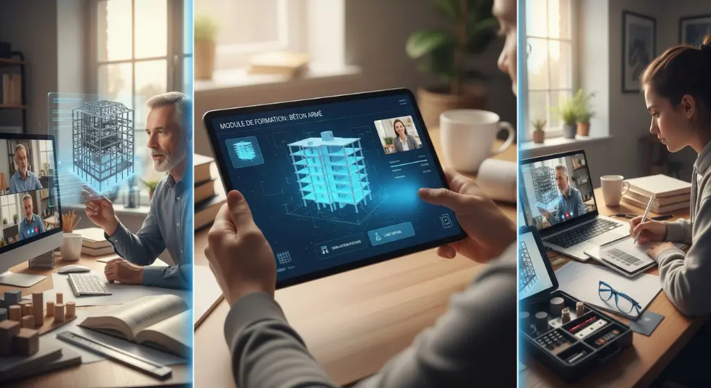 Gros plan sur une tablette affichant un module de formation interactif en génie civil à distance