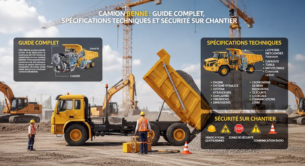 Schéma 3D système hydraulique camion benne avec vérin télescopique, pompe 120 L/min, PTO et capteurs IoT, illustration technique pour ingénieurs génie civil.
