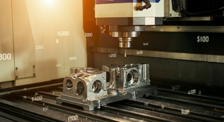 Machine CNC usinant une pièce, symbolisant le calcul du prix et le coût de fabrication.