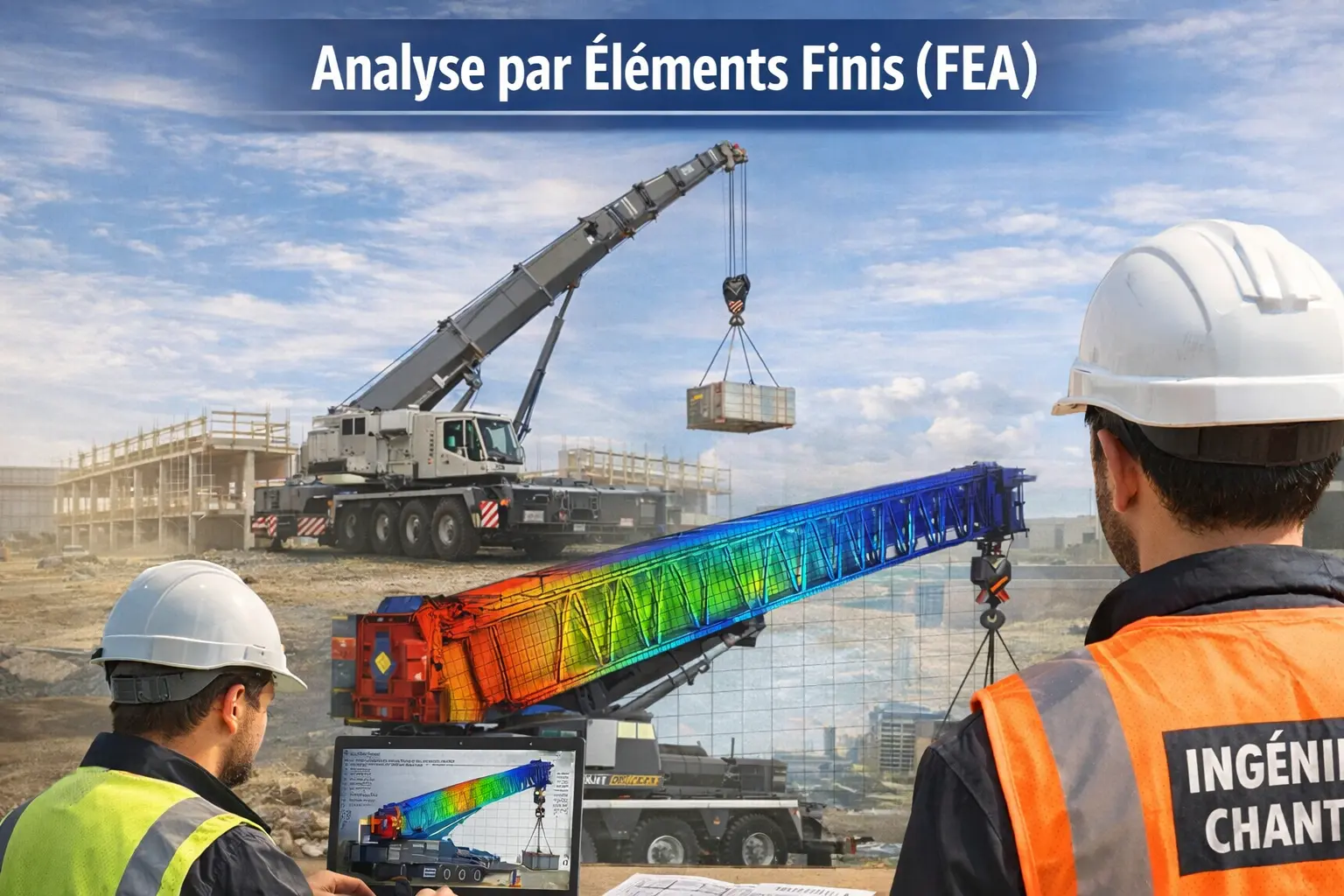 Ecole ingénieur automobile : Le Guide Ultime des Grues Mobiles sur Chantier (2026) 2 Analyse FEA d’une flèche de grue mobile montrant la répartition des contraintes structurelles en génie civil