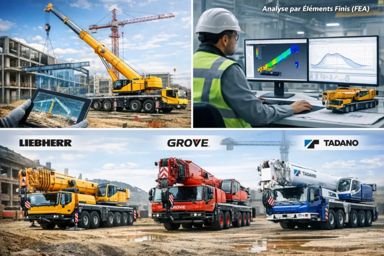 Grue mobile éco-responsable sur chantier urbain illustrant l’ingénierie mécanique et la transition énergétique en génie civil 2026