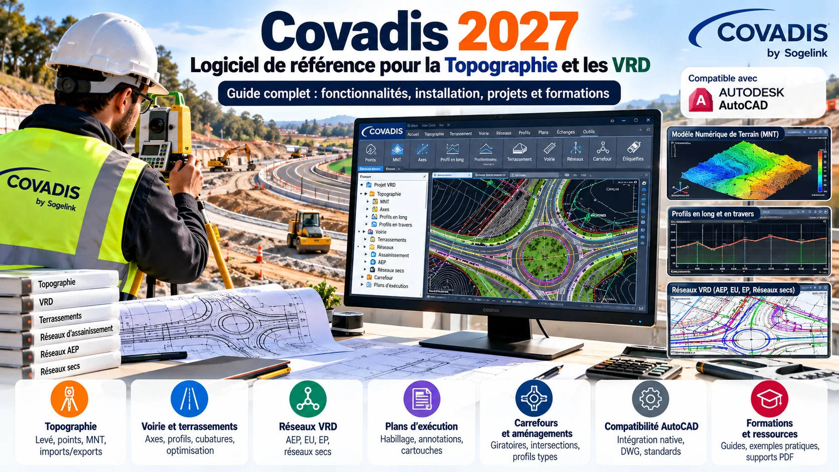 Covadis 2027 : guide illustré des fonctions de topographie, MNT, conception de voirie et réseaux VRD