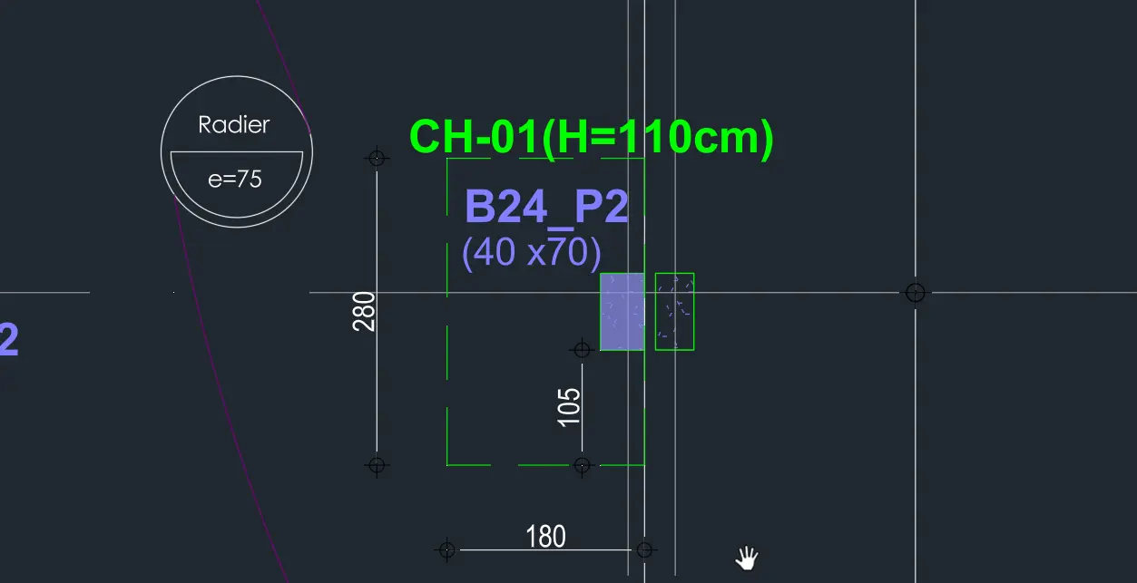 Radier épaissi CH-01 : plan d’implantation du chapiteau, hauteur indiquée H = 110 cm