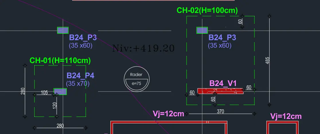 Radier épaissi CH-02 : implantation sur plan, hauteur indiquée H = 100 cm
