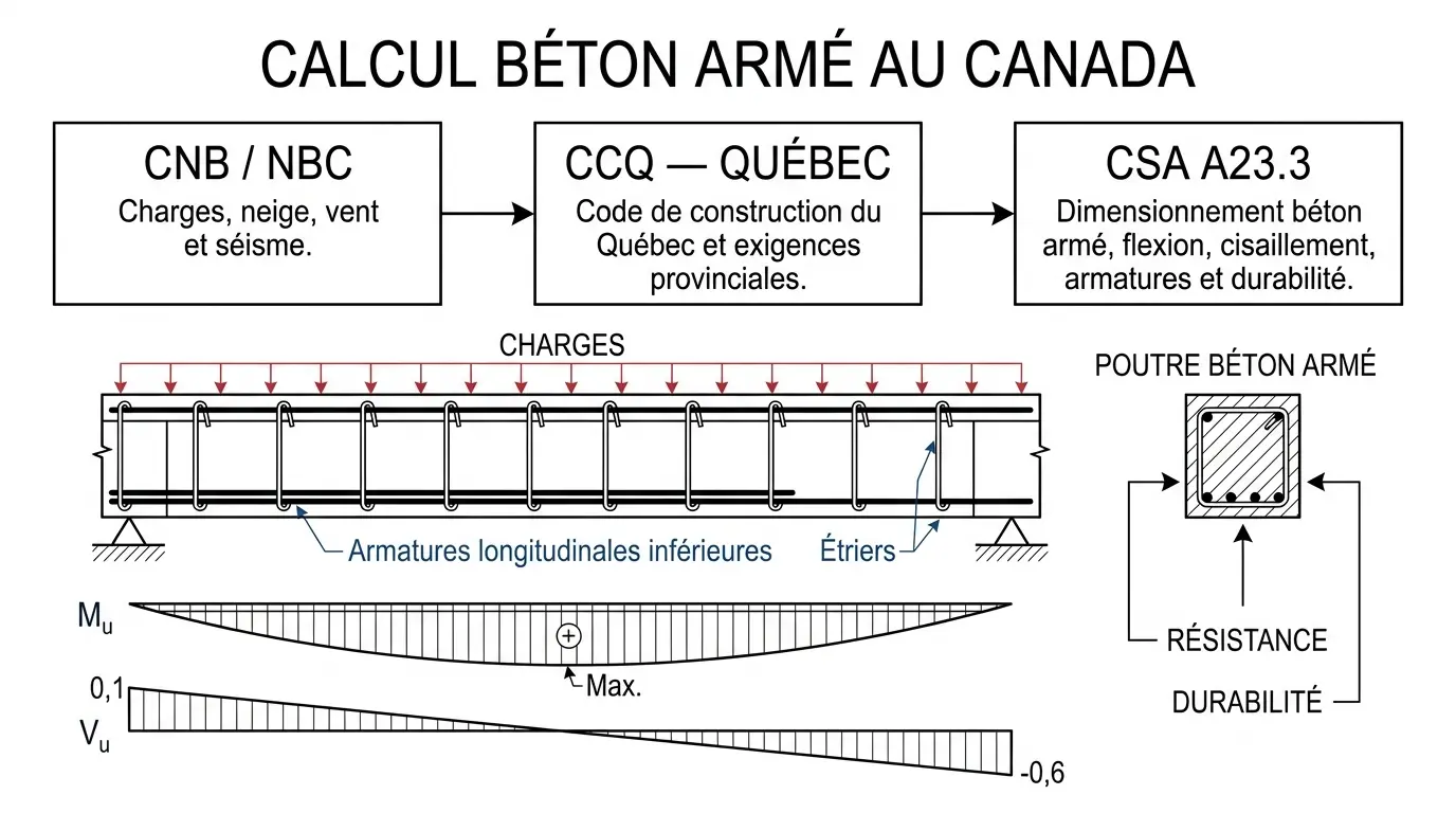 Cadre réglementaire du calcul béton armé au Canada : CNB, CCQ et CSA A23.3