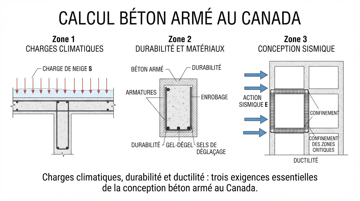 Calcul béton armé au Canada : charges neige, durabilité et conception sismique selon CSA A23.3