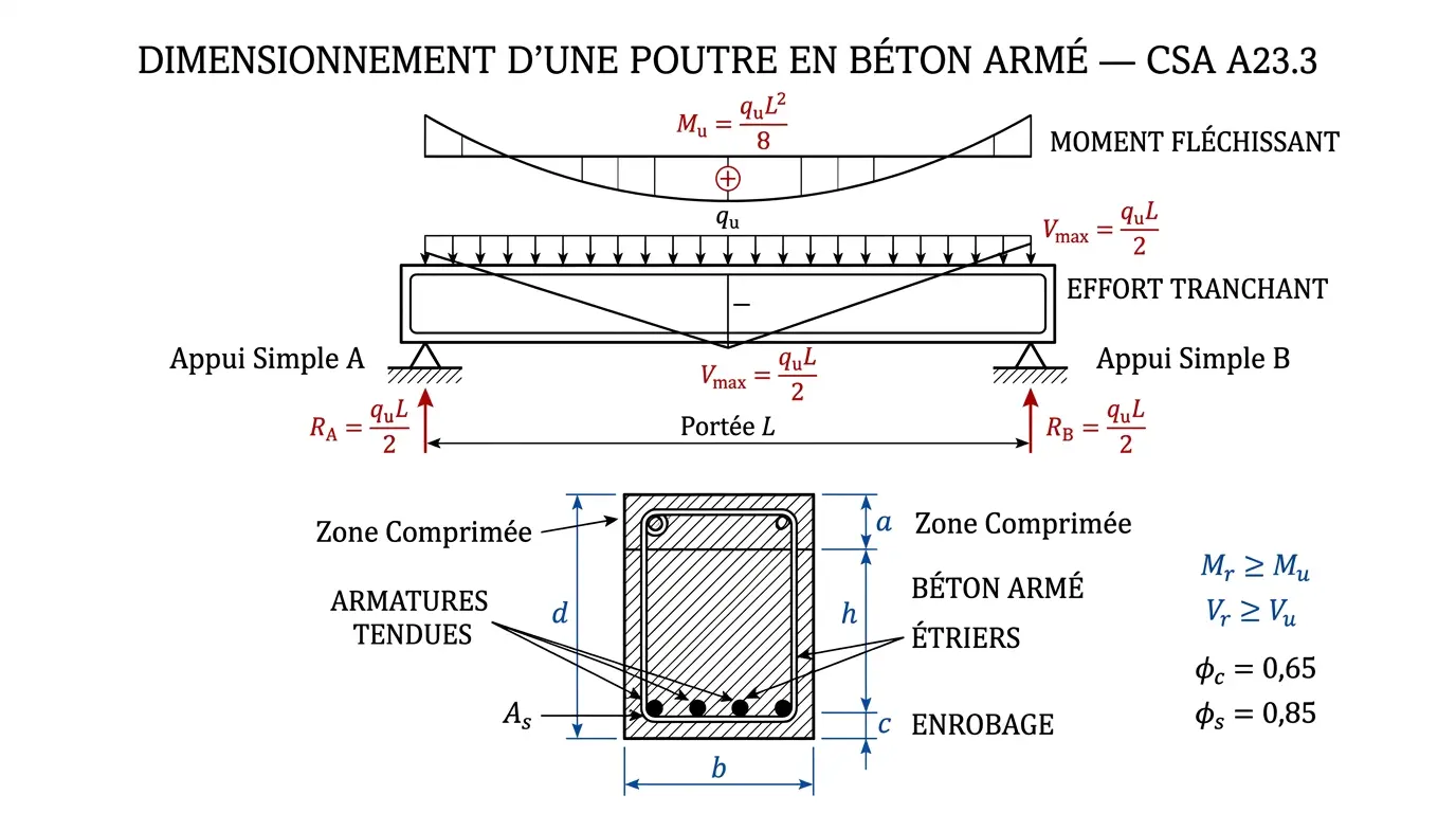 Dimensionnement d'une poutre en béton armé selon CSA A23.3 : moment, cisaillement et armatures