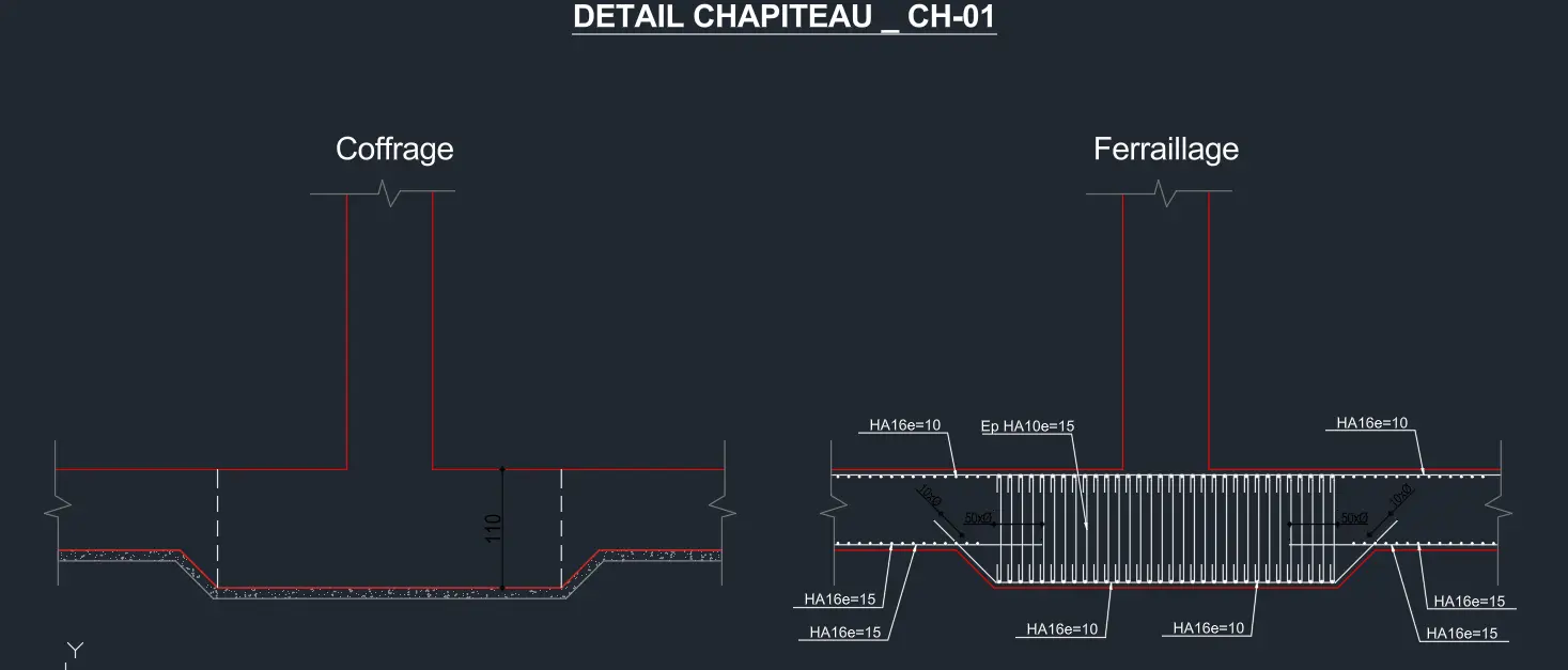 Radier épaissi, détail CH-01 : coupe de principe du renfort inférieur sous poteau