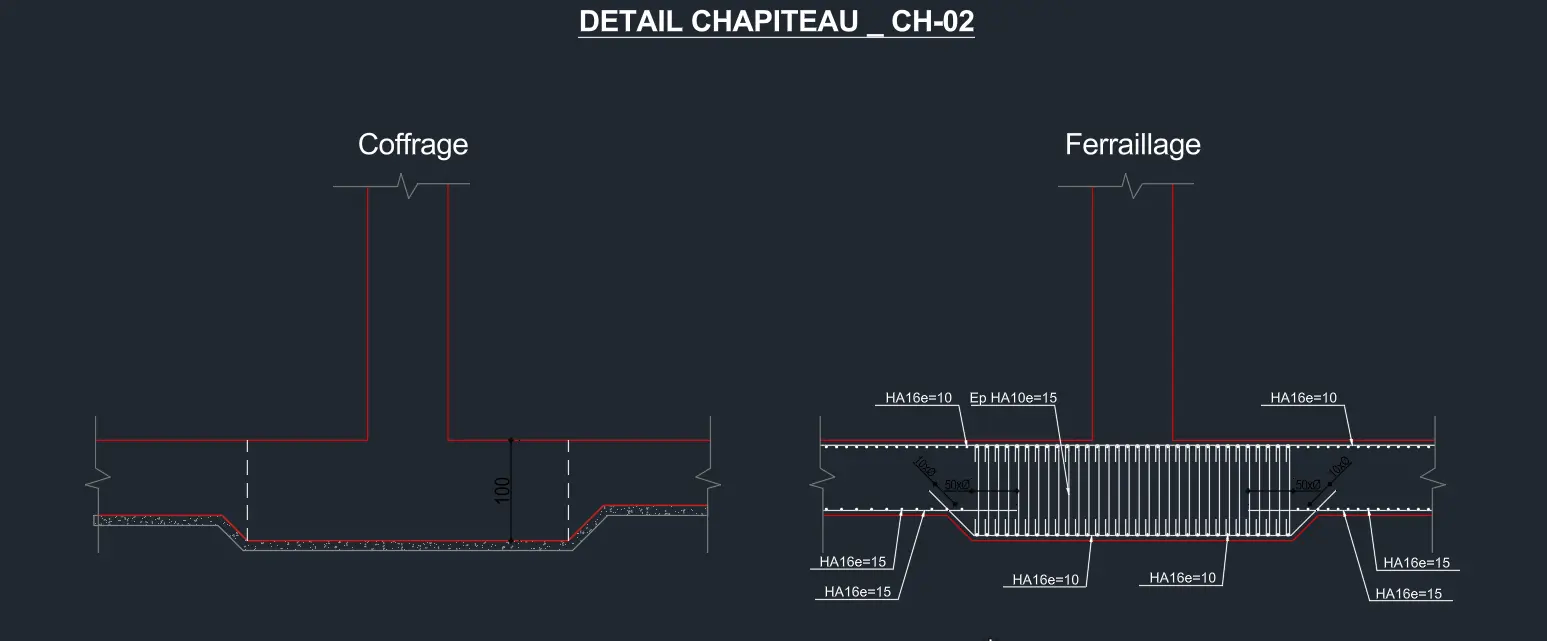 Radier épaissi CH-02 : dessin technique du chapiteau et détail géométrique