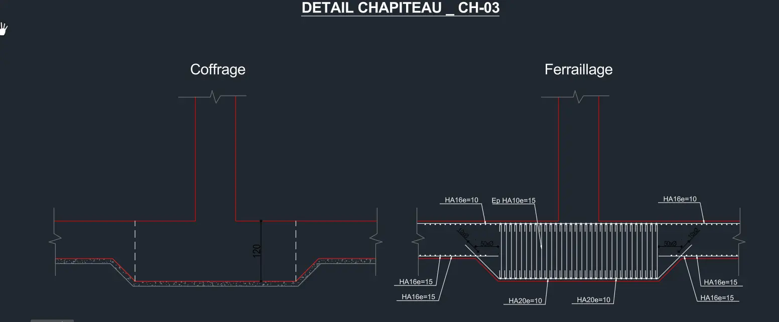 Radier épaissi CH-03 : dessin technique du chapiteau et de son renforcement local