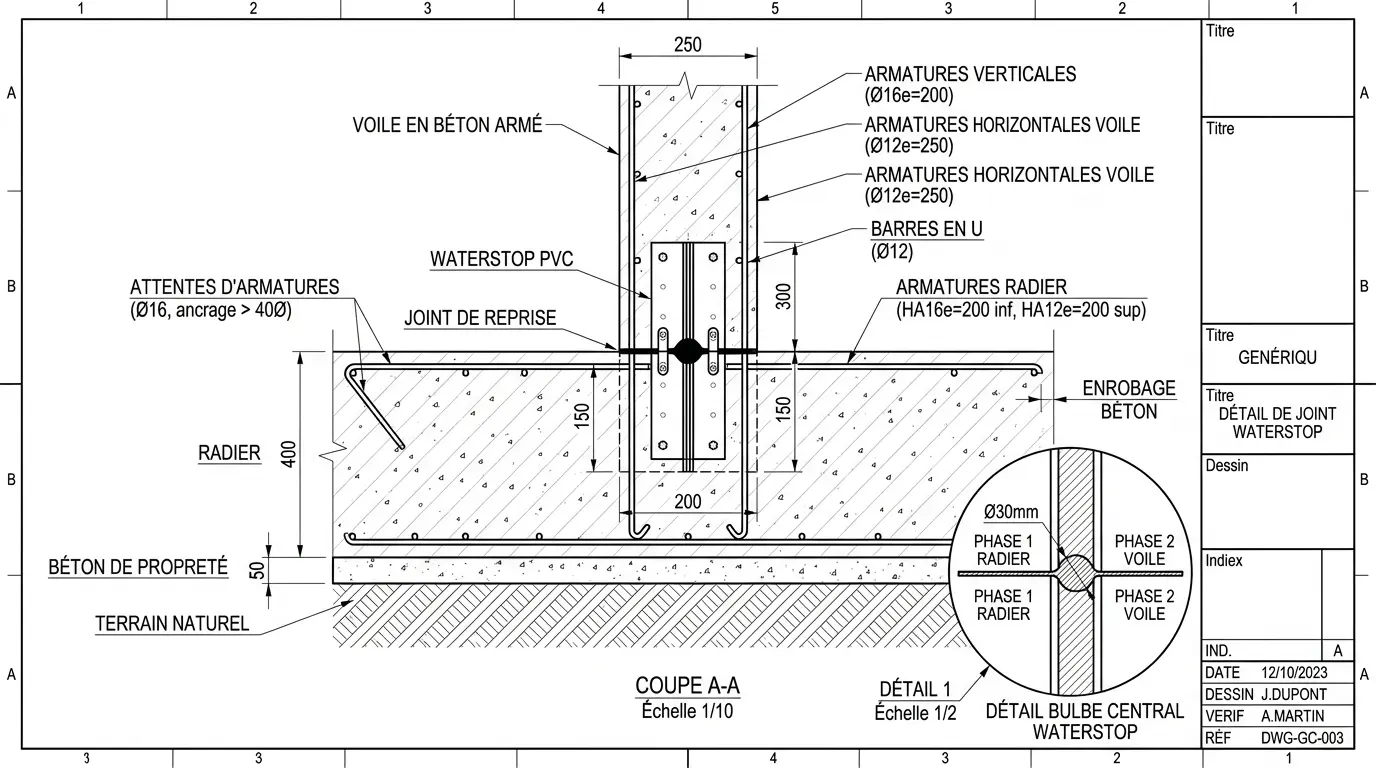 Détail Waterstop PVC entre voile et radier en béton armé