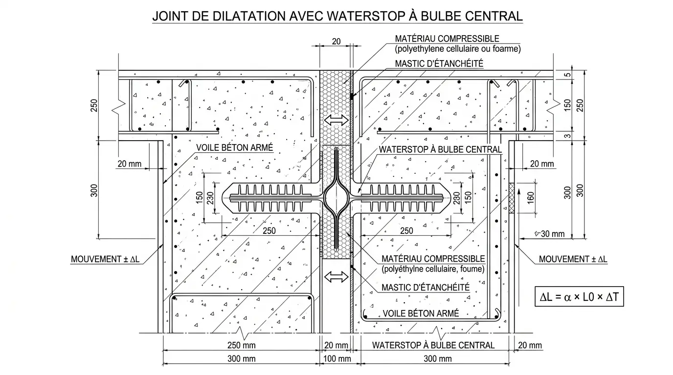 Détail d'un joint de dilatation avec Waterstop à bulbe central