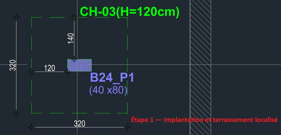 Radier épaissi : plan d’implantation et repérage du chapiteau CH-03 avant terrassement