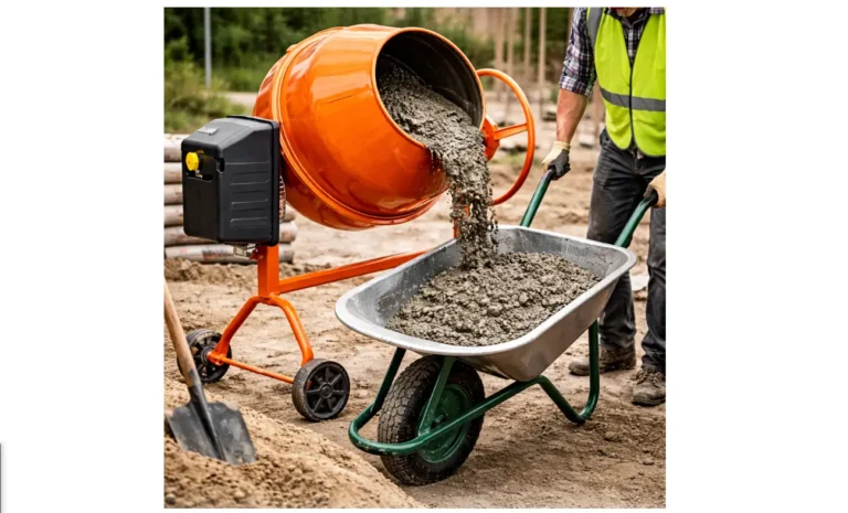 Béton frais mélangé dans une bétonnière lors de la préparation d’une formulation