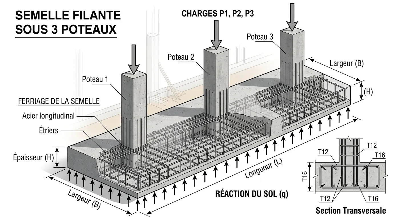 Plan de ferraillage et nomenclature d'une semelle filante nervurée sous trois poteaux