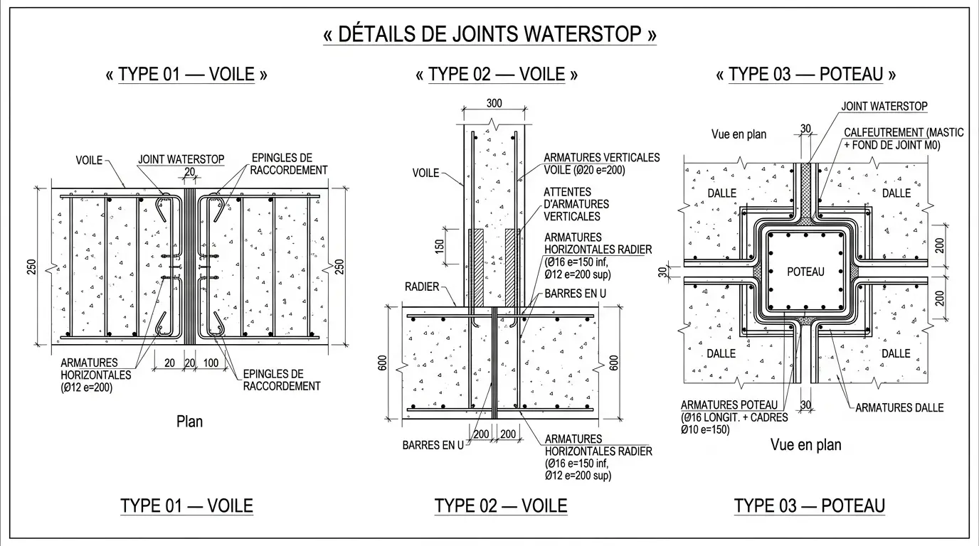 Trois types de joints Waterstop pour voile, radier et poteau