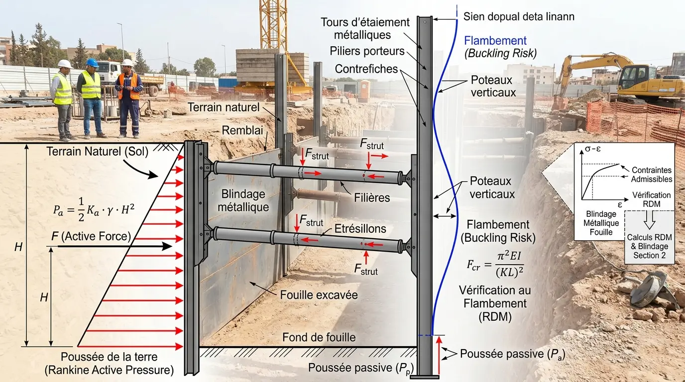 Blindage métallique de fouille et calculs RDM d'étaiement sur chantier BTP