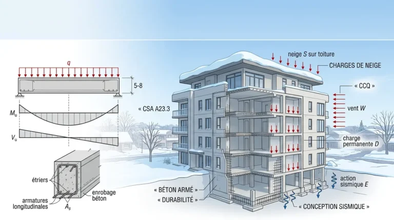 Calcul béton armé au Canada selon CSA A23.3 et Code de construction du Québec : neige, charges et conception sismique