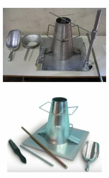 Moule tronconique métallique, plateau, tige de piquage et accessoires pour essai d’affaissement
