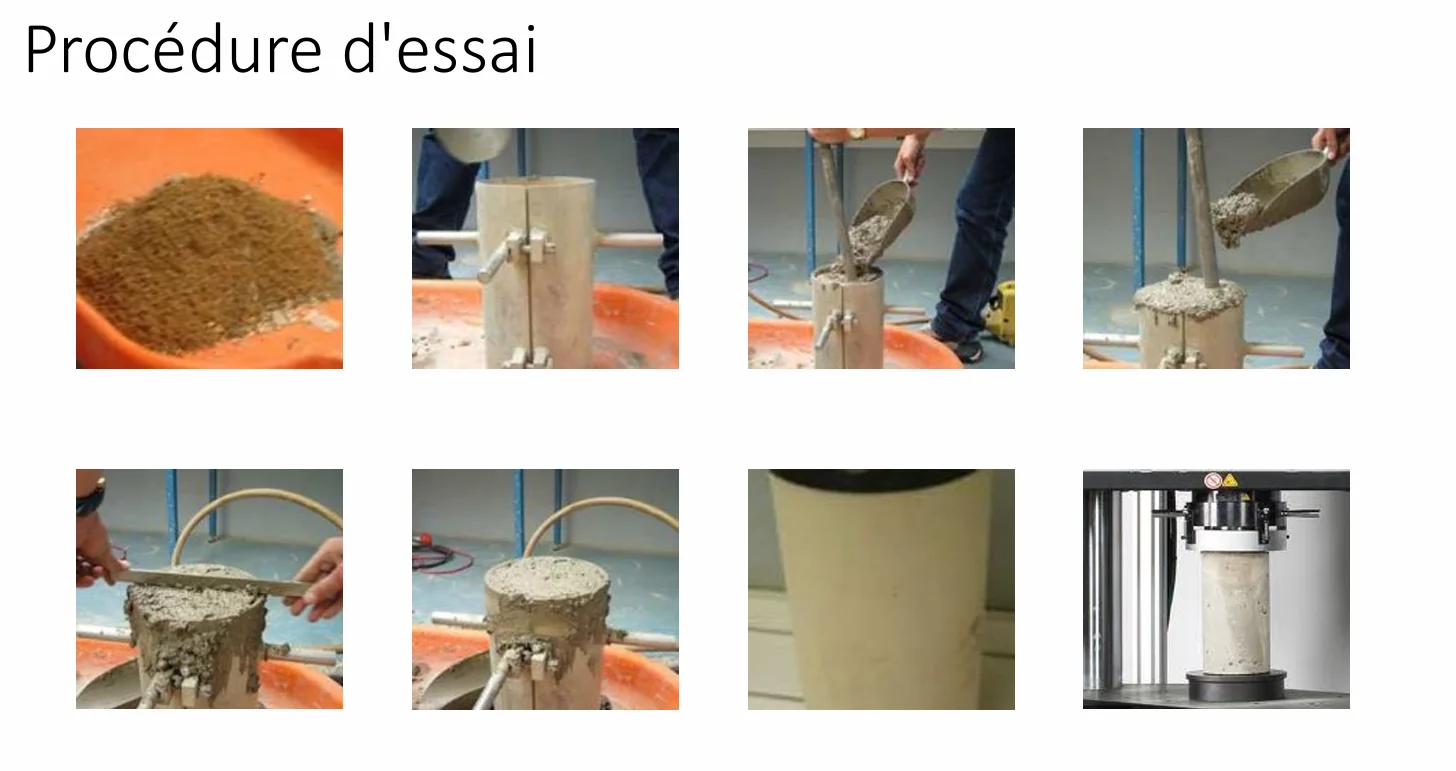Montage photographique des étapes de remplissage, compactage, arasage et contrôle d’éprouvettes de béton